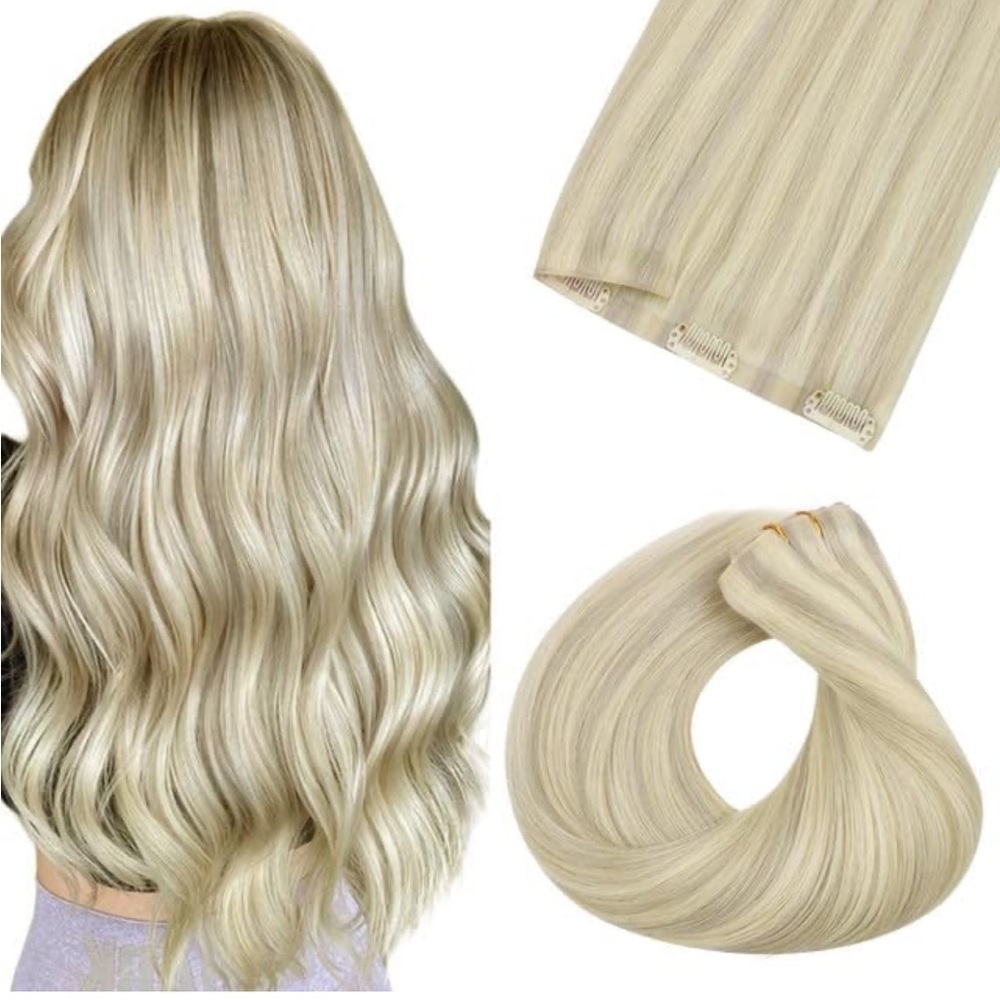 20” Clip in Real Human Hair, Ash Blonde Highlighted Platinum Blonde 110g 7pcs